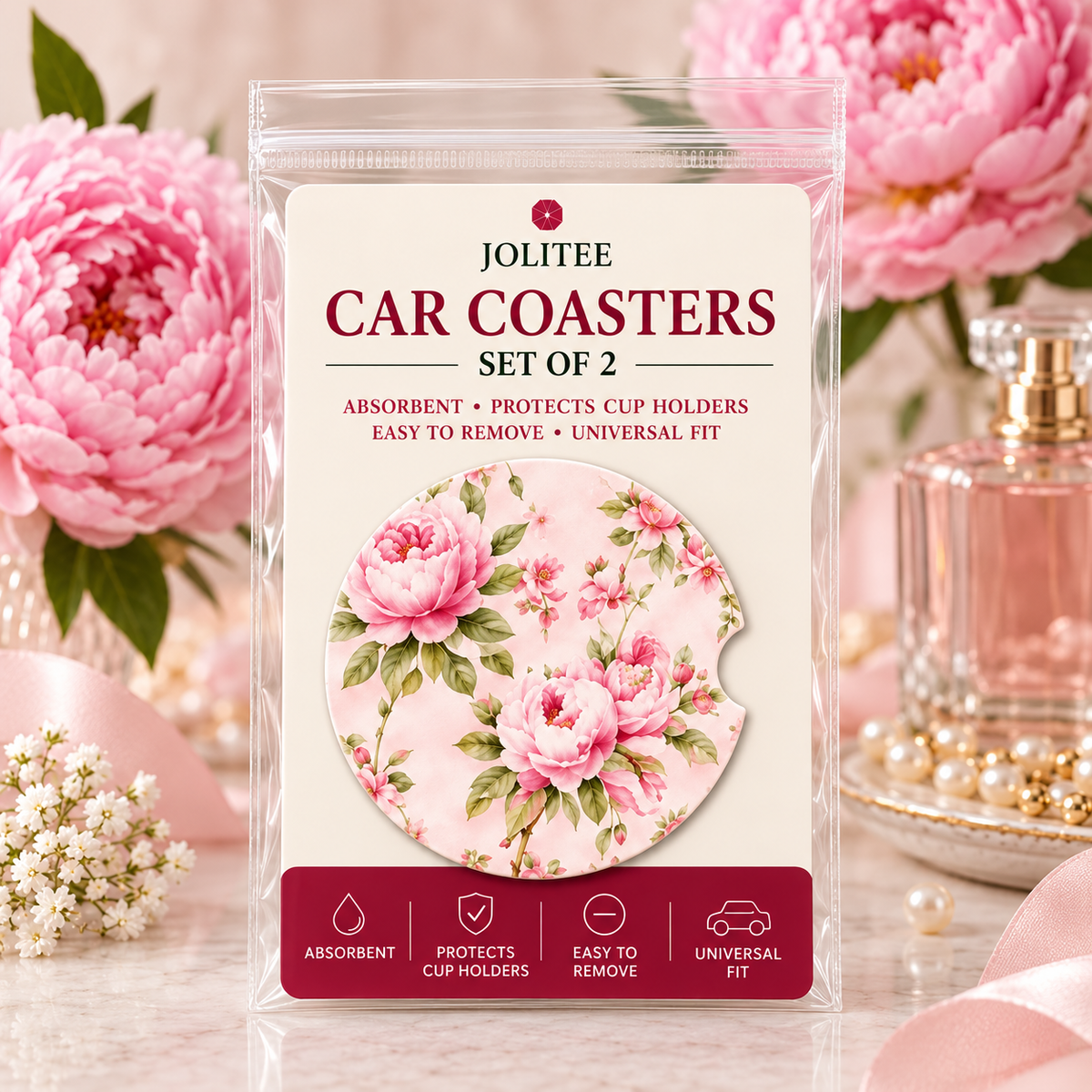 Jolitee Girly Girl Car Coasters, Absorbent Neoprene Cup Holder