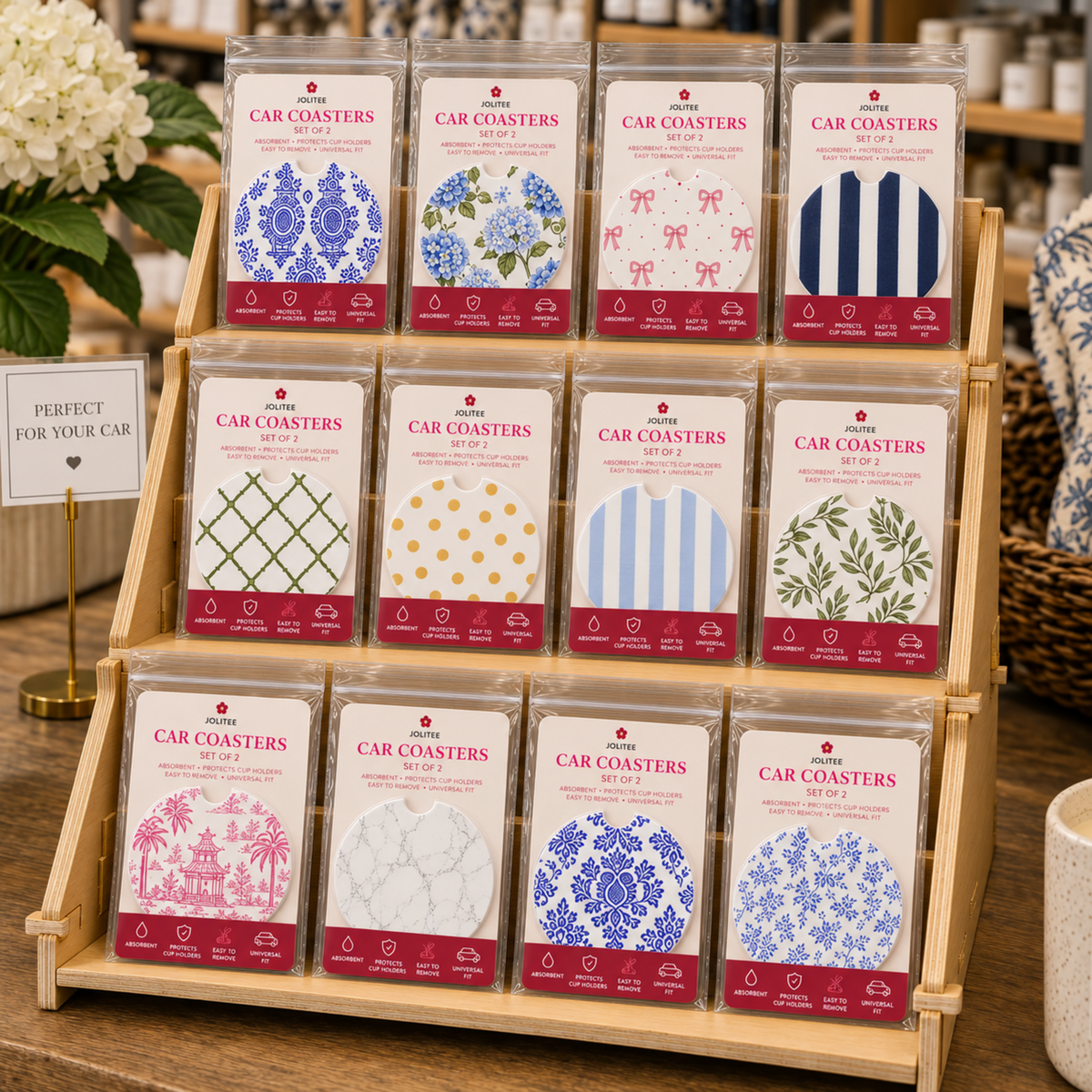Jolitee Patterned Car Coasters, Absorbent Neoprene Cup Holder