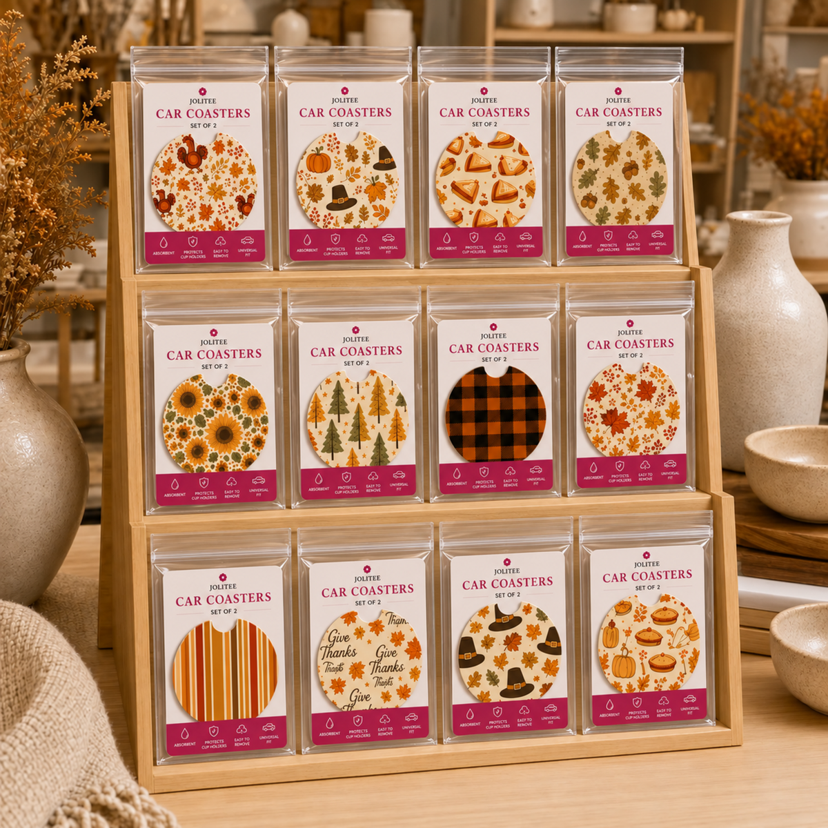 Jolitee Thanksgiving Car Coasters, Absorbent Neoprene Cup Holder