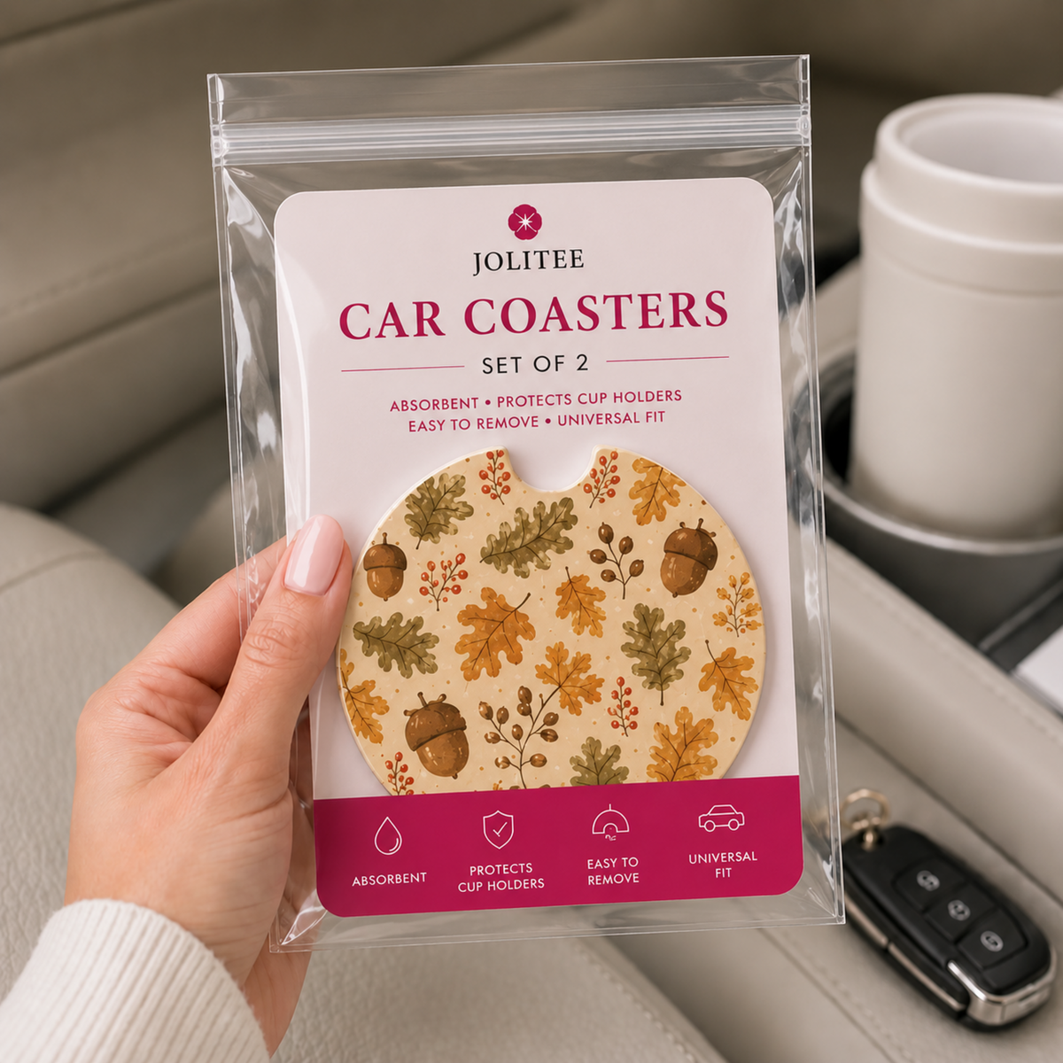 Jolitee Thanksgiving Car Coasters, Absorbent Neoprene Cup Holder