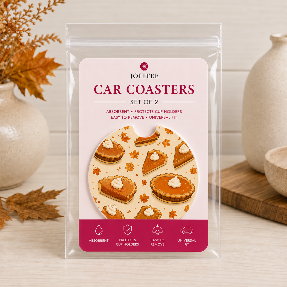 Jolitee Thanksgiving Car Coasters, Absorbent Neoprene Cup Holder