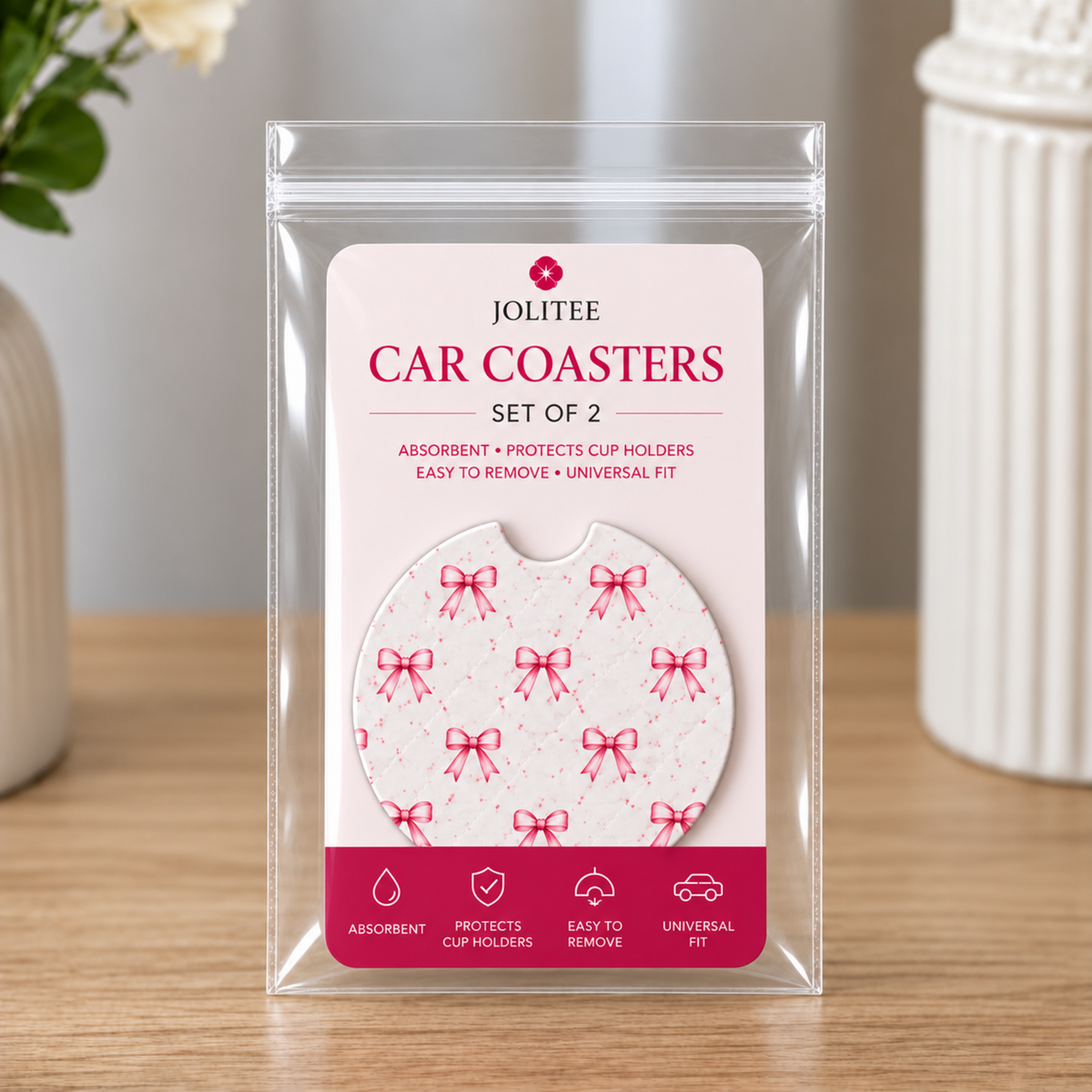 Jolitee Patterned Car Coasters, Absorbent Neoprene Cup Holder