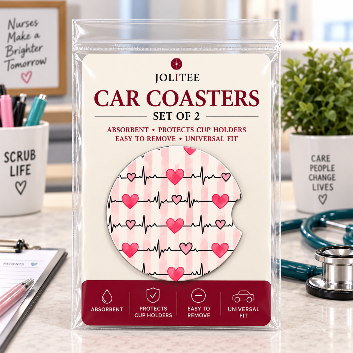 Jolitee Nurse Car Coasters, Absorbent Neoprene Cup Holder