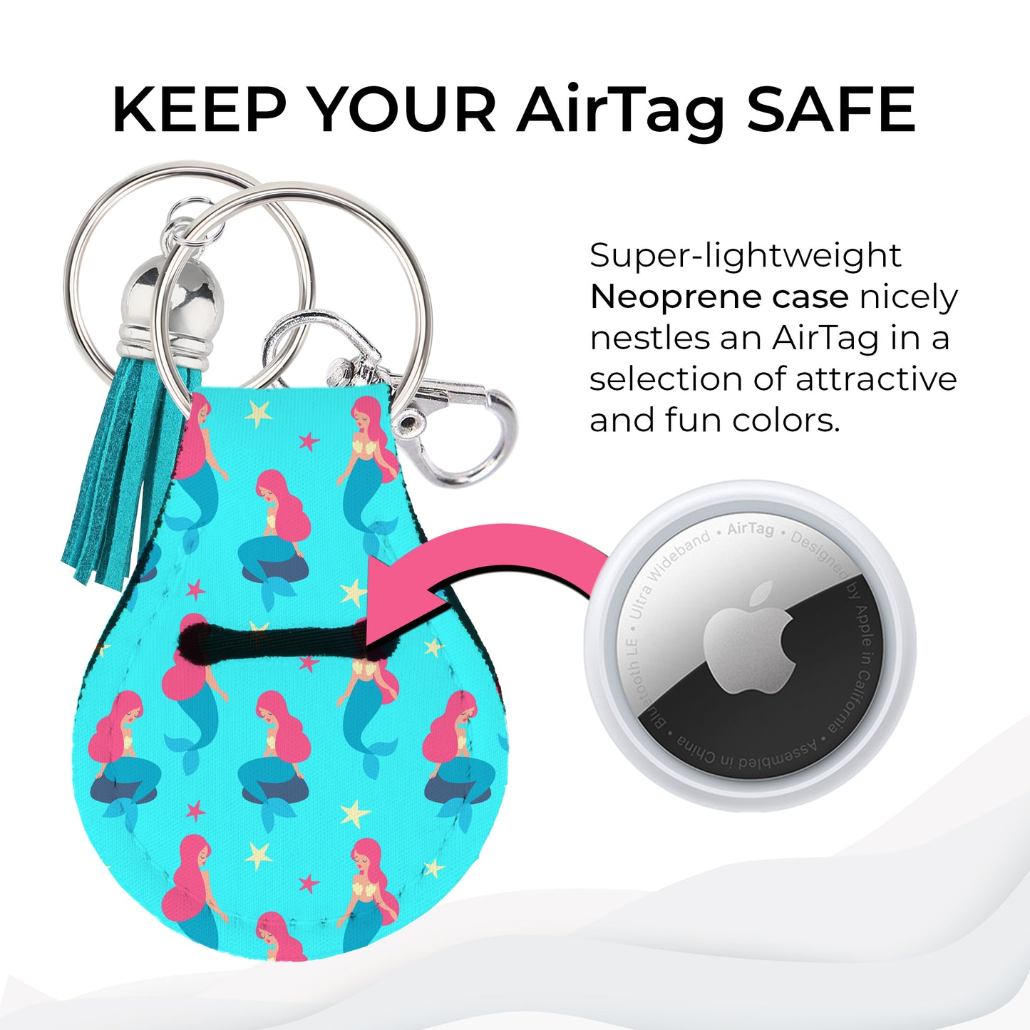 Jolitee Neoprene AirTag Compatible Case Keychain – Durable & Stylish Holder with Secure Ring and Clip, Compatible with Apple AirTag (Mermaid)