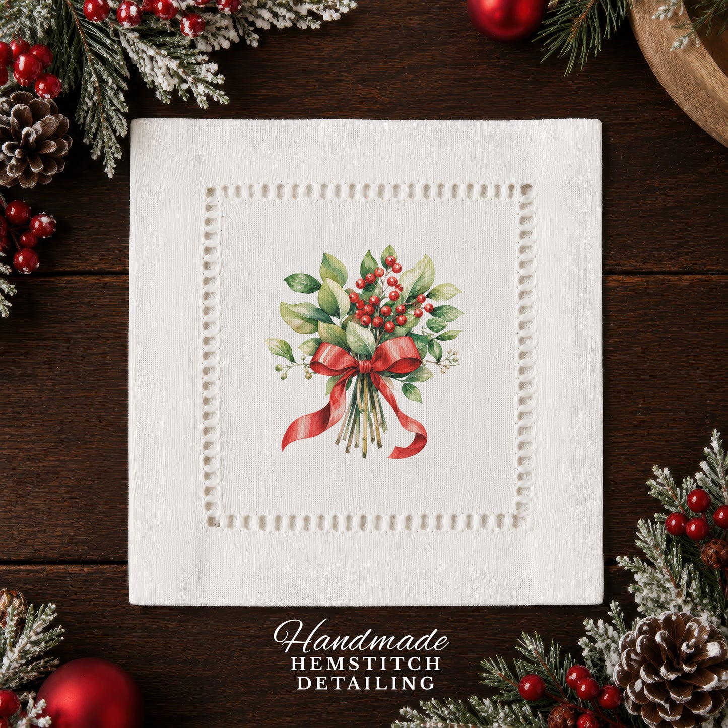 Holiday Hostess Mistletoe Hemstitch Napkins