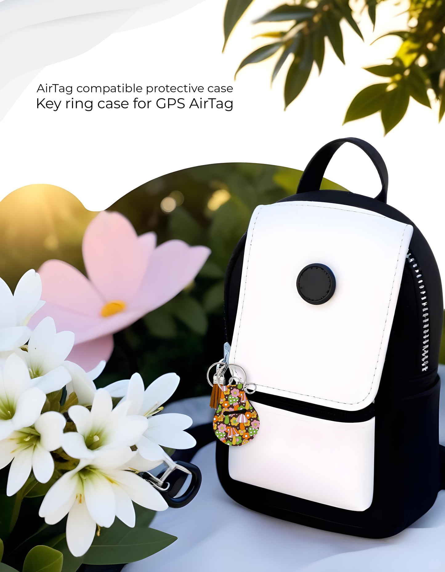 Jolitee Neoprene AirTag Compatible Case Keychain – Durable & Stylish Holder with Secure Ring and Clip, Compatible with Apple AirTag (Mushroom Flower)