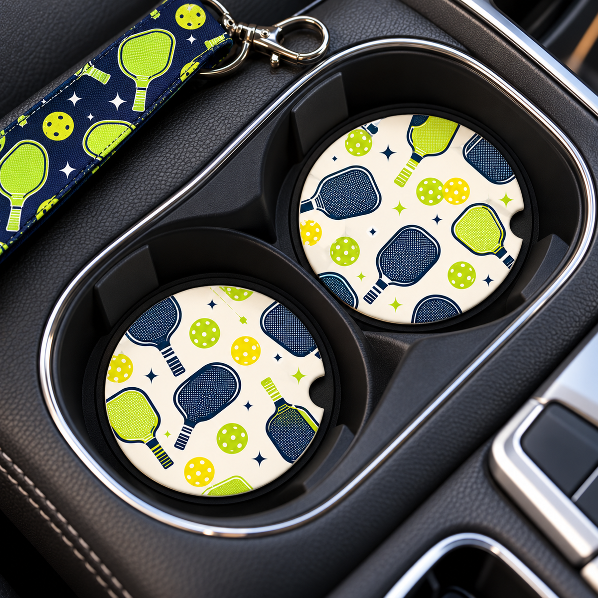 Jolitee Playful Pickleball Car Coasters, Absorbent Neoprene Cup Holder Inserts, Set of 2