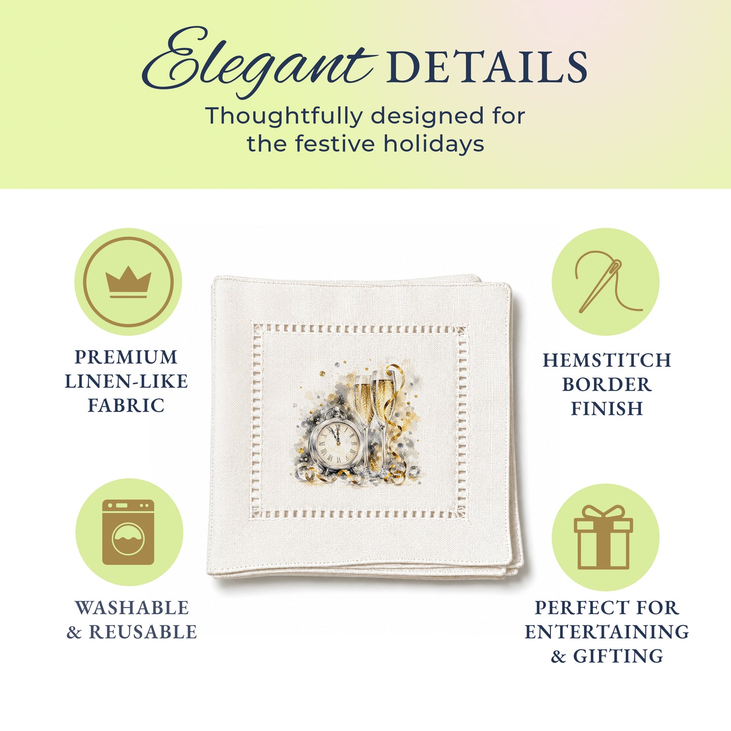 New Year Clock Hemstitch Napkins