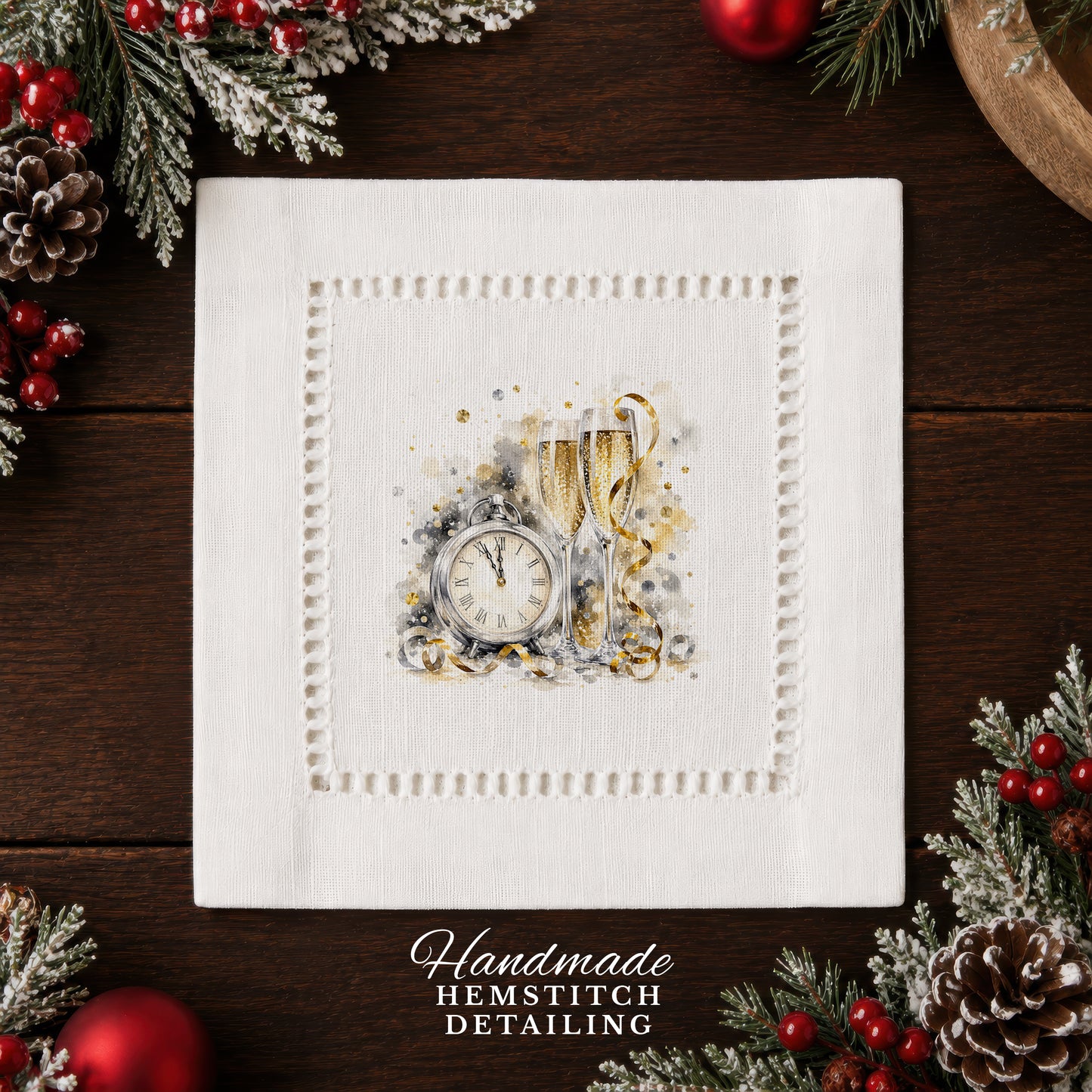 New Year Clock Hemstitch Napkins
