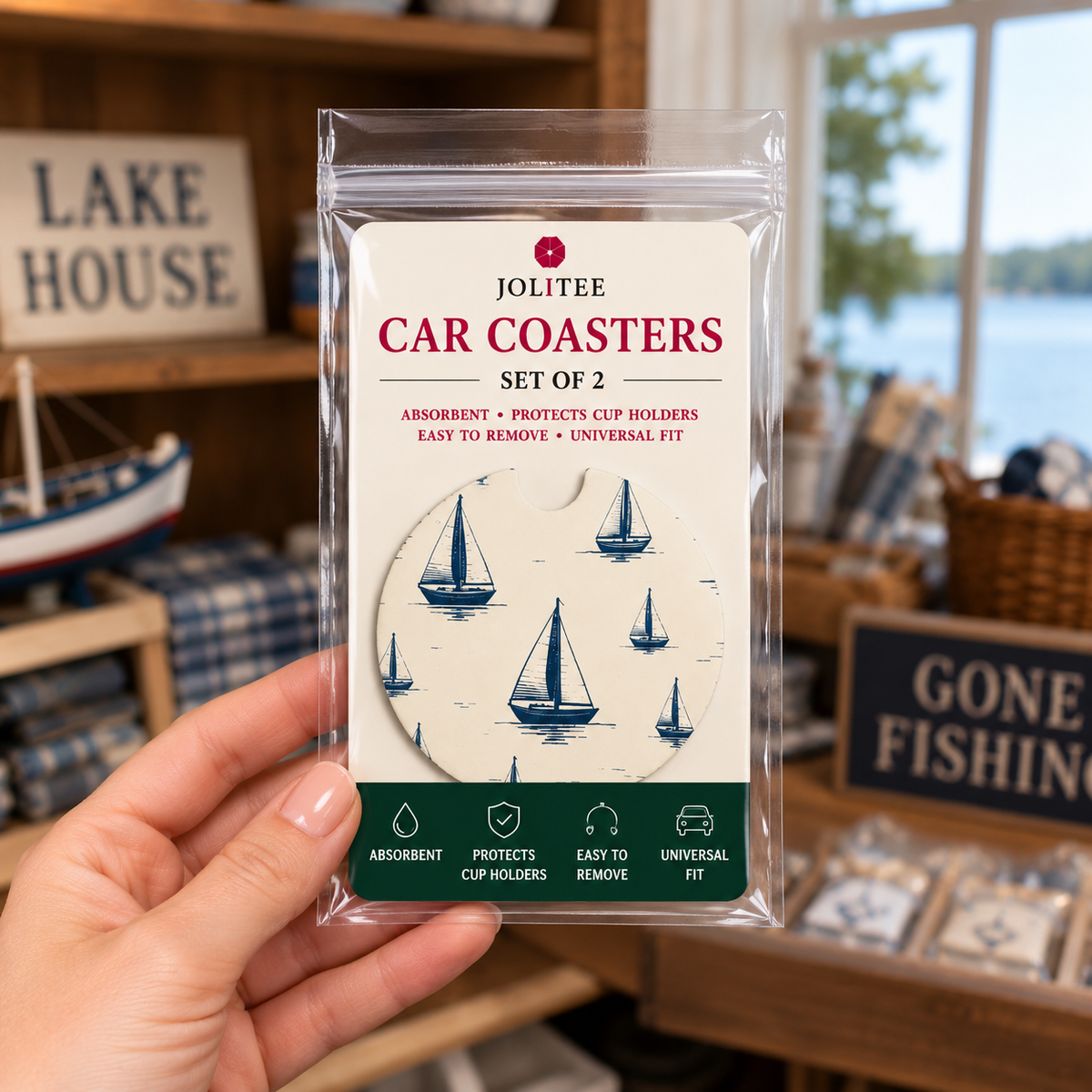 Jolitee Lakehouse Car Coasters, Absorbent Neoprene Cup Holder