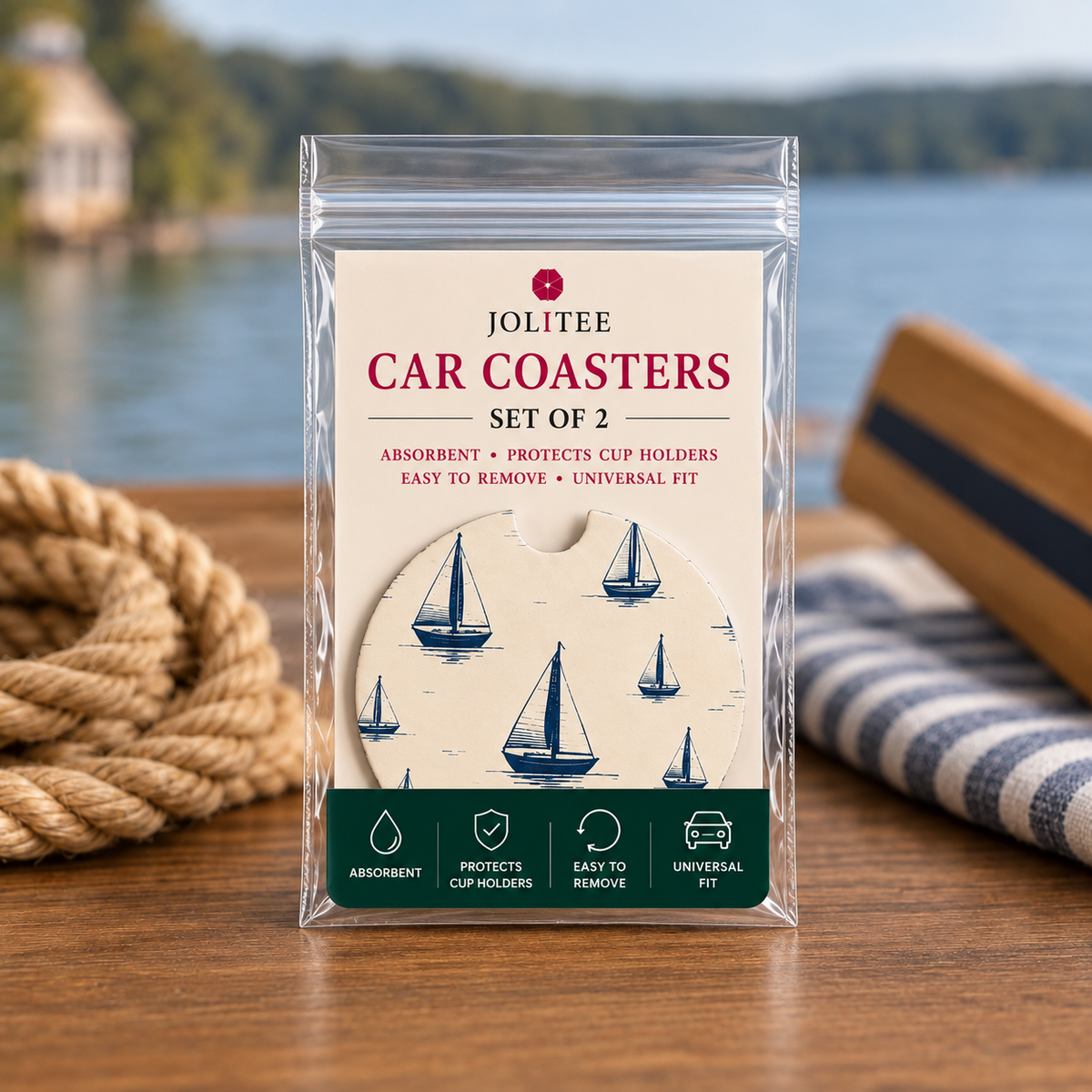 Jolitee Lakehouse Car Coasters, Absorbent Neoprene Cup Holder