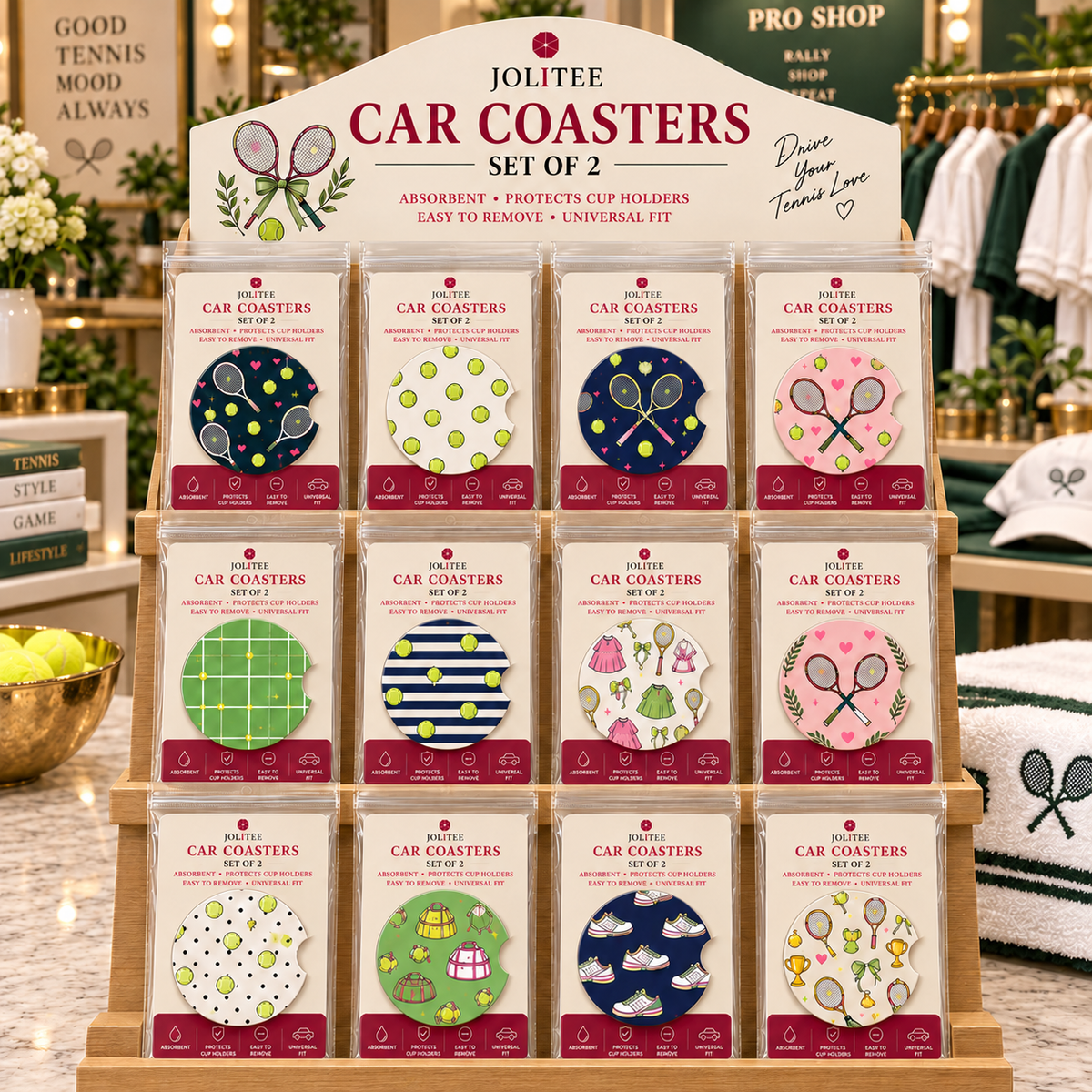 Jolitee Tennis Car Coasters, Absorbent Neoprene Cup Holder