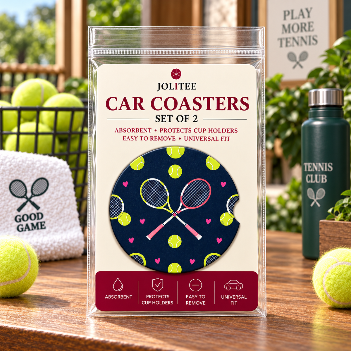 Jolitee Tennis Car Coasters, Absorbent Neoprene Cup Holder