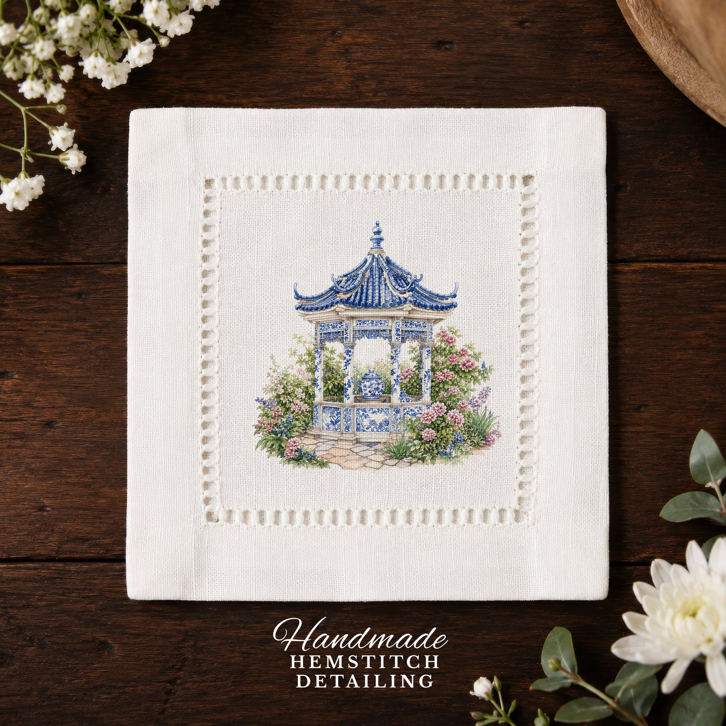 Chinoiserie Pagoda Garden Hemstitch Napkins
