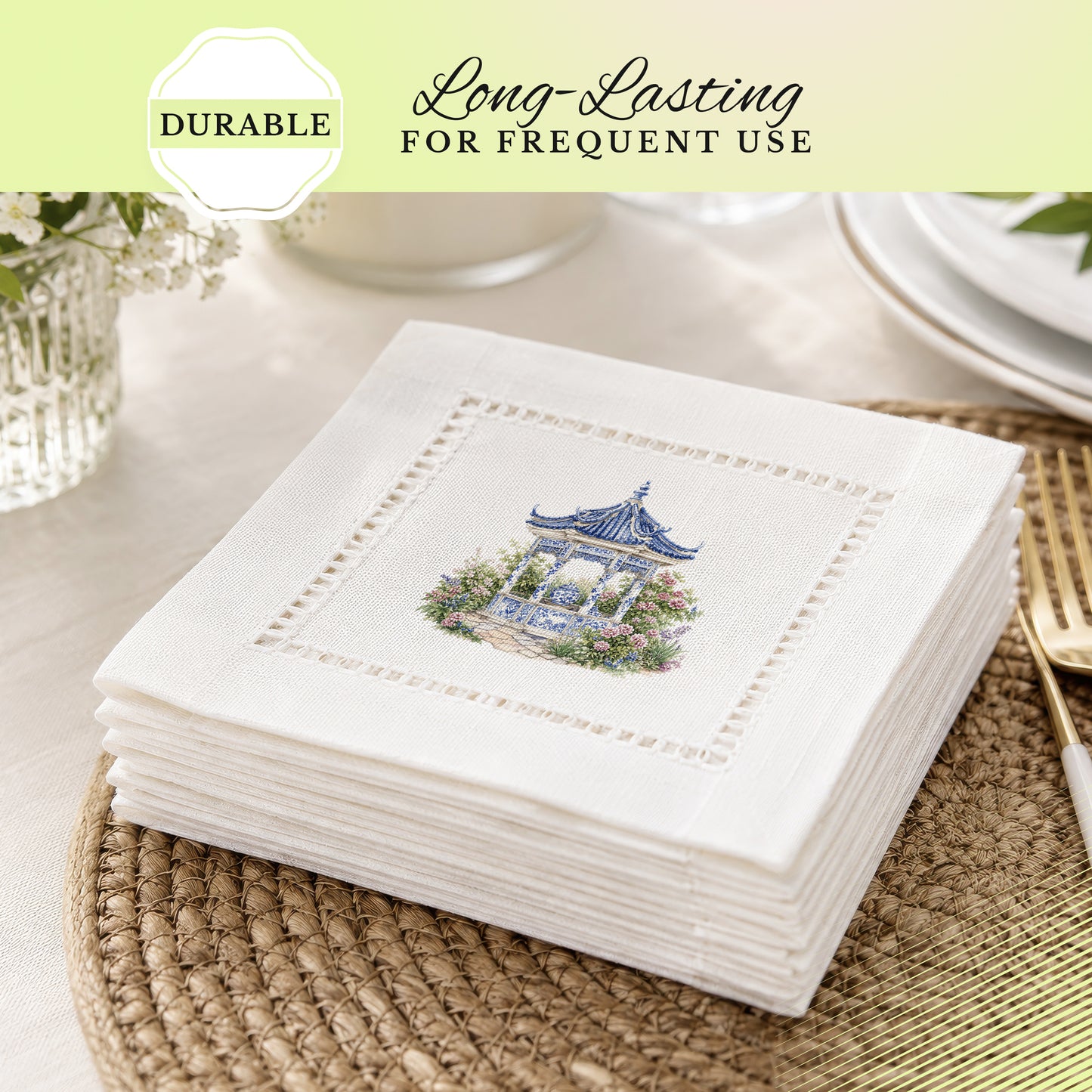 Chinoiserie Pagoda Garden Hemstitch Napkins