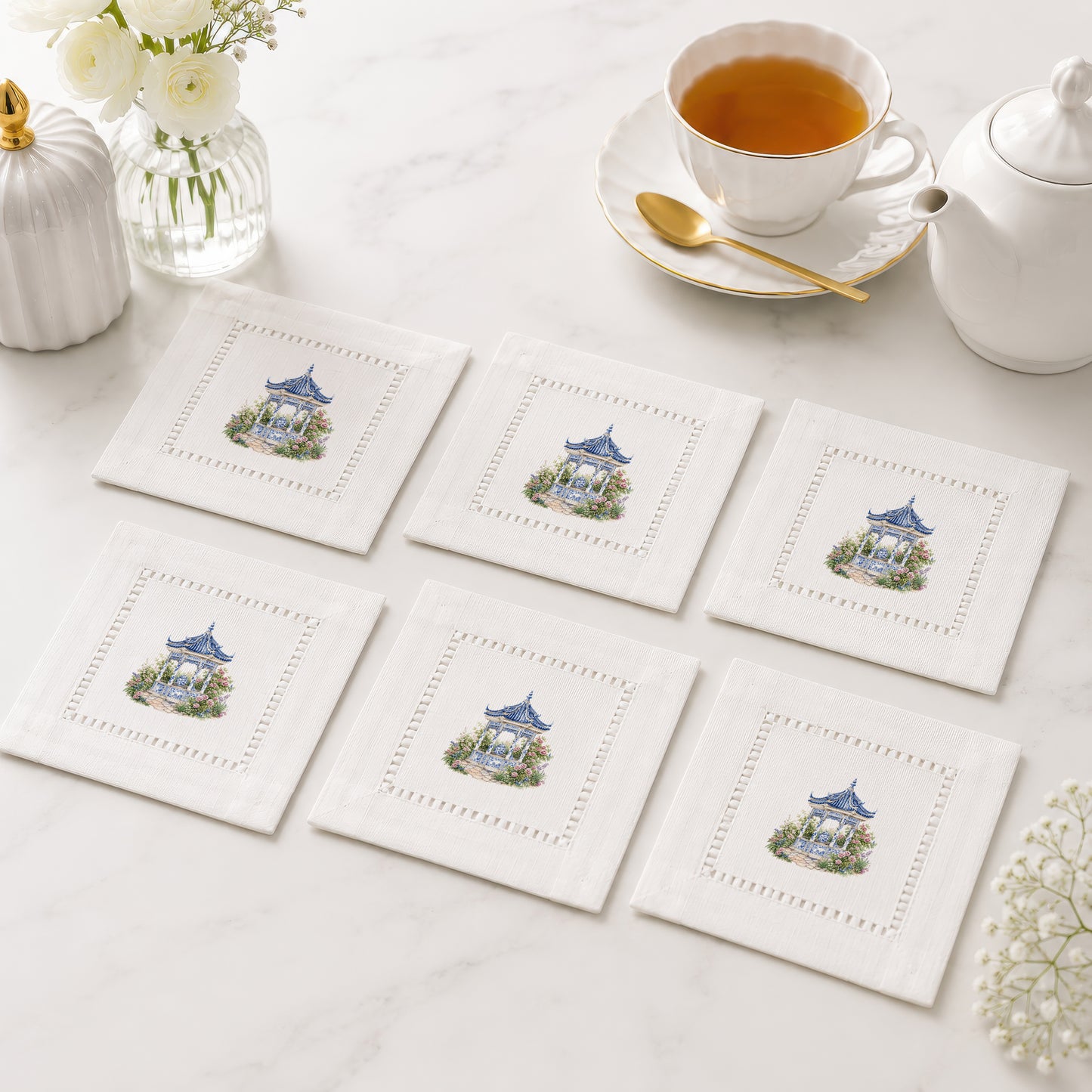 Chinoiserie Pagoda Garden Hemstitch Napkins