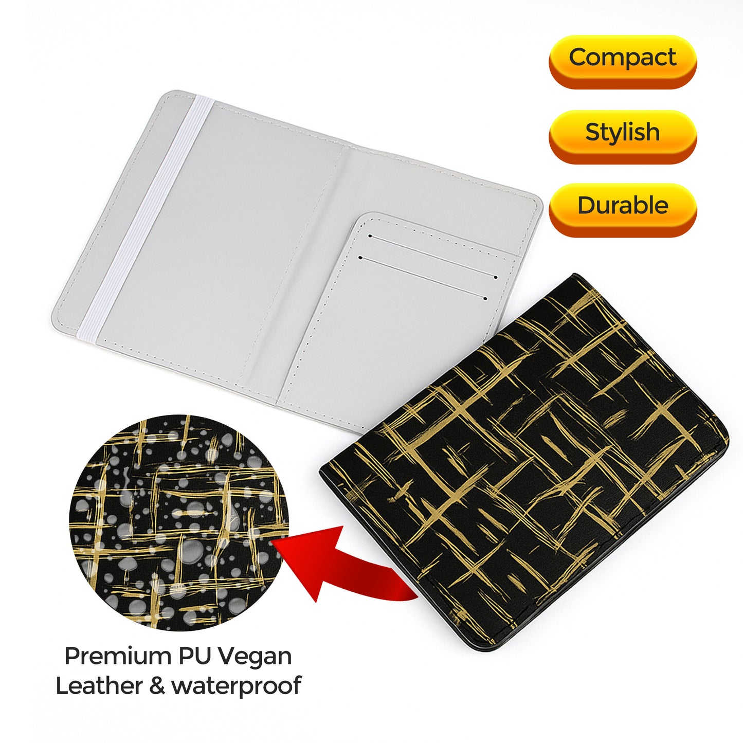 Jolitee Premium PU Vegan Leather Passport Holder, Black and Gold