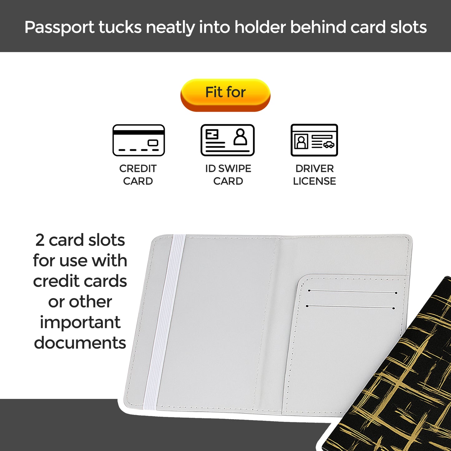Jolitee Premium PU Vegan Leather Passport Holder, Black and Gold