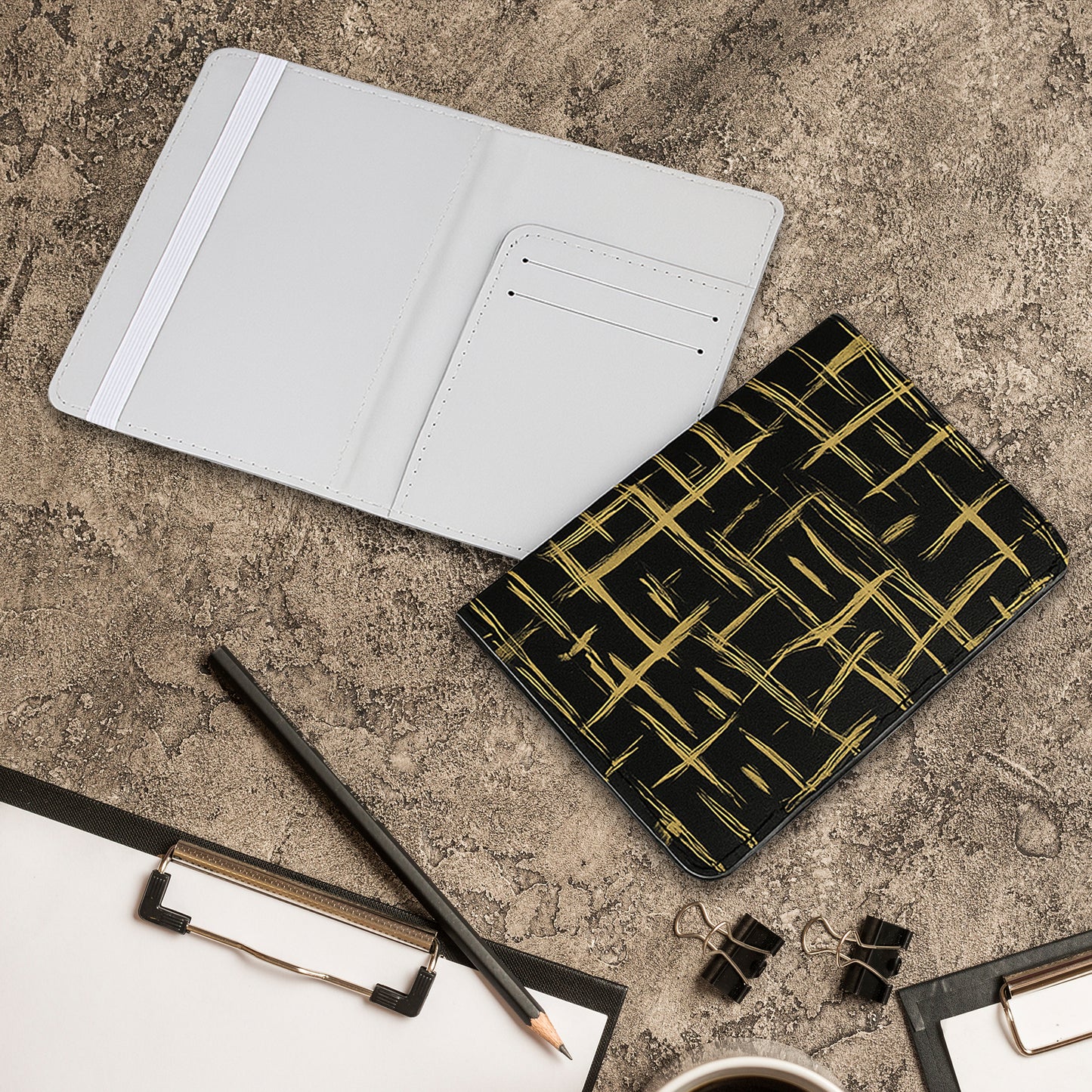 Jolitee Premium PU Vegan Leather Passport Holder, Black and Gold