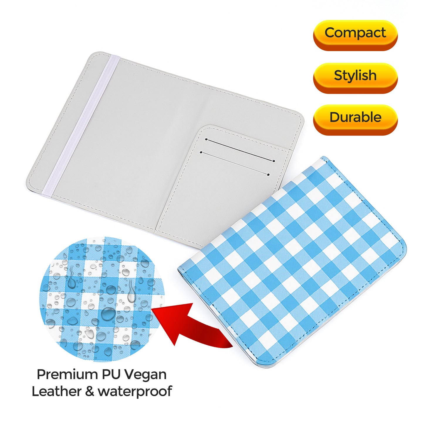 Jolitee Premium PU Vegan Leather Passport Holder, Blue Checked