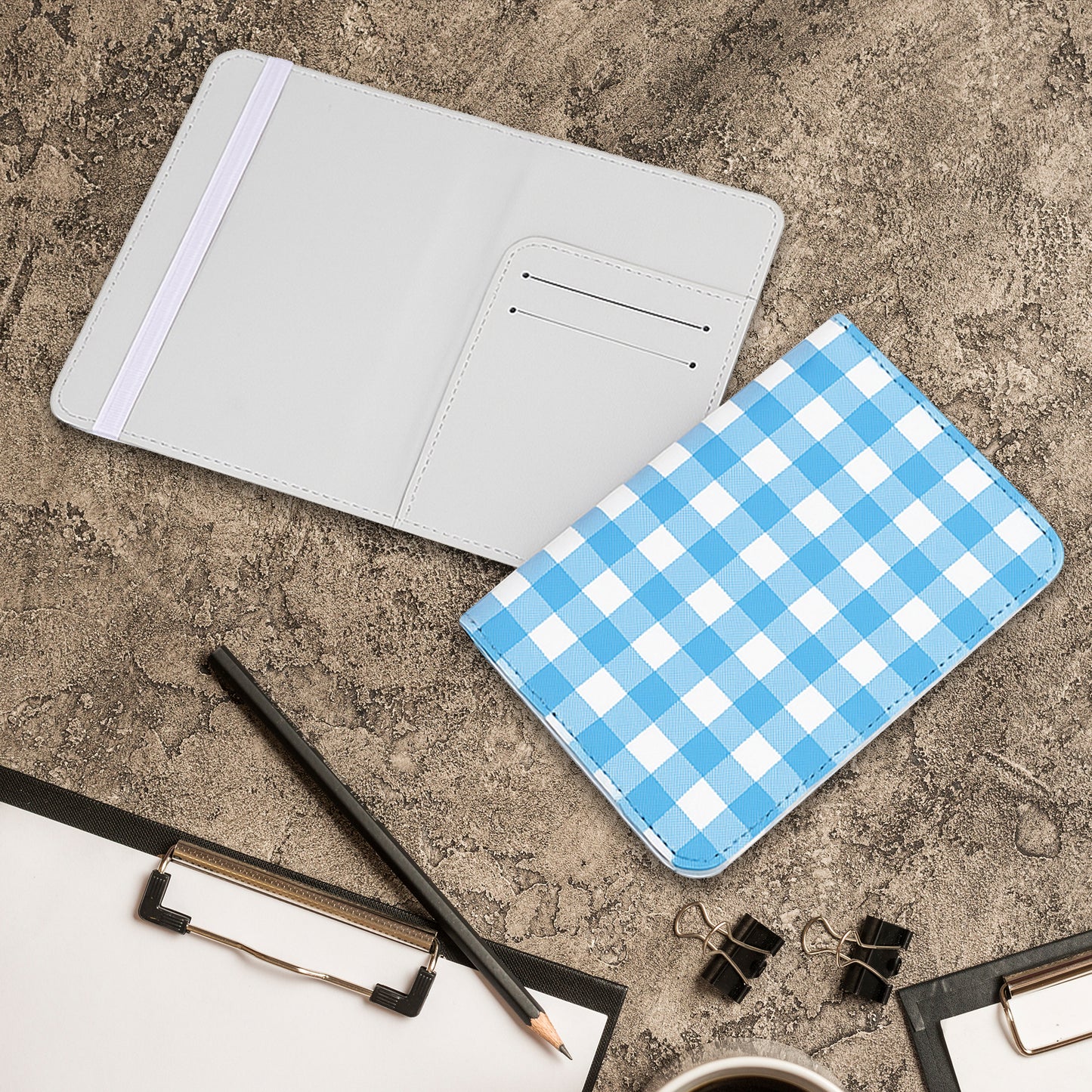 Jolitee Premium PU Vegan Leather Passport Holder, Blue Checked