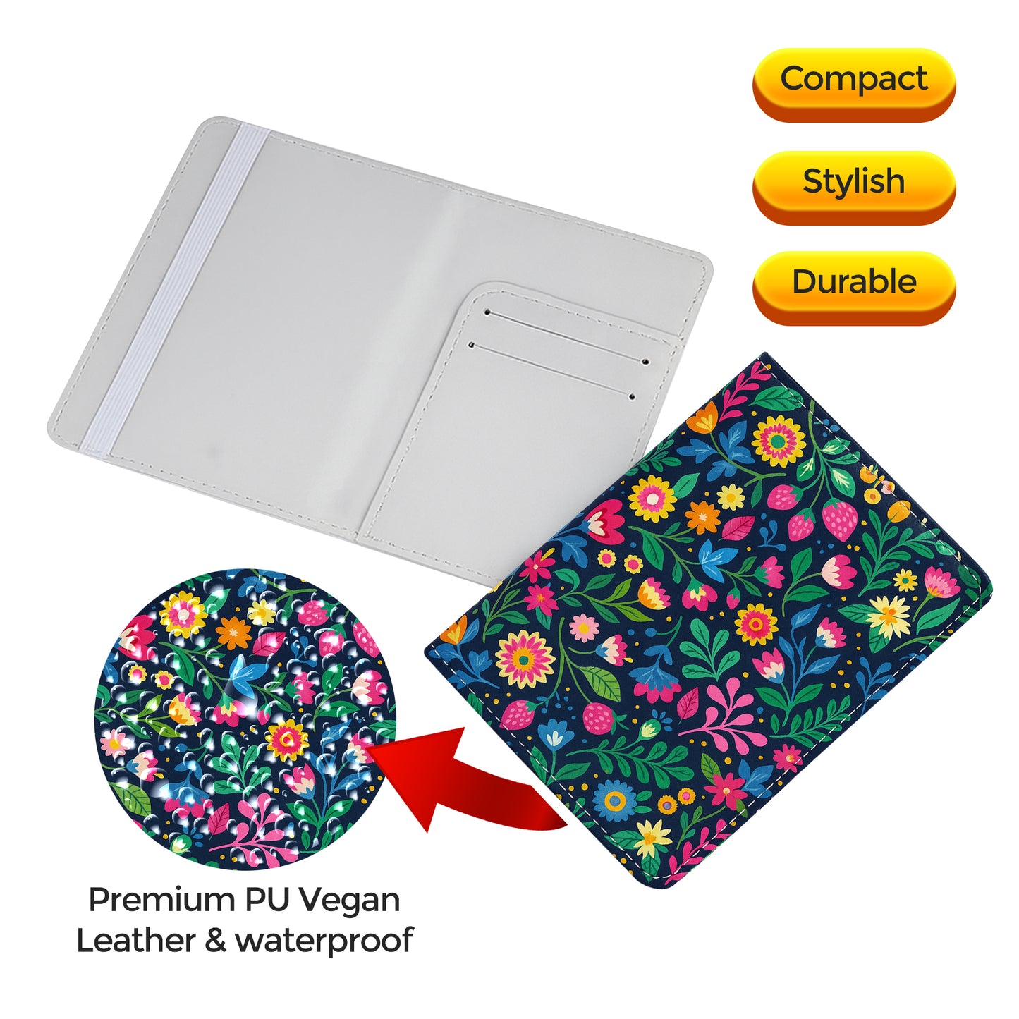 Jolitee Premium PU Vegan Leather Passport Holder, Colorful Wildflower