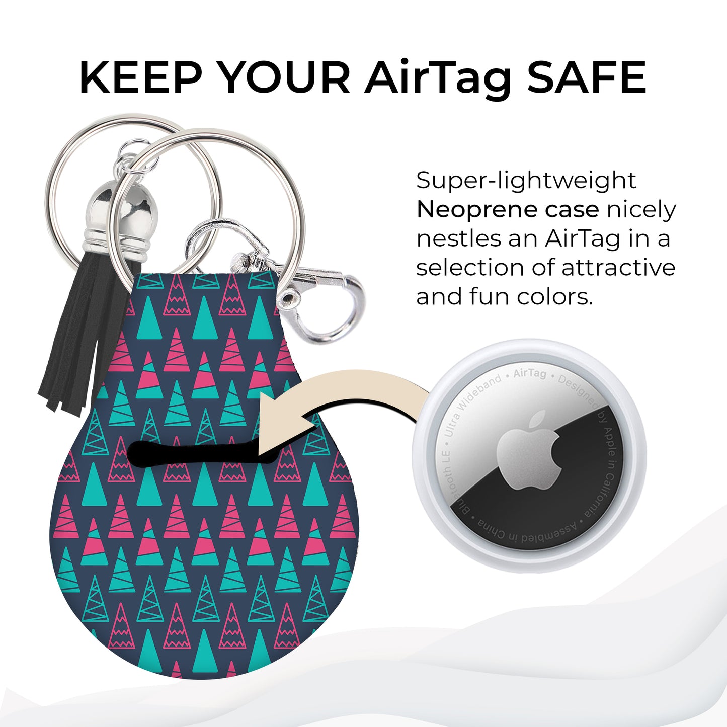 Jolitee Neoprene AirTag Compatible Case Keychain – Durable & Stylish Holder with Secure Ring and Clip, Compatible with Apple AirTag (Geometric Tree Pattern)