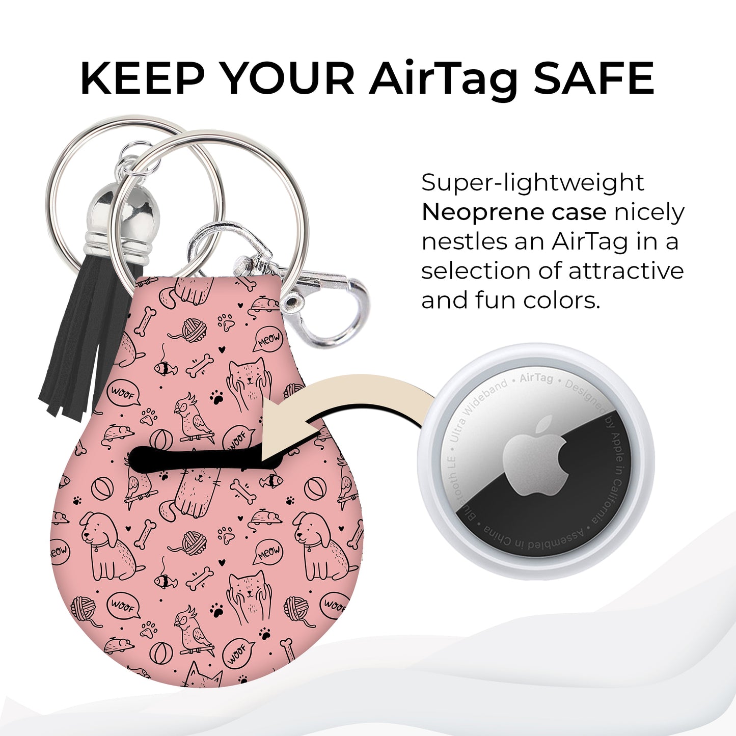 Jolitee Neoprene AirTag Compatible Case Keychain – Durable & Stylish Holder with Secure Ring and Clip, Compatible with Apple AirTag (Pet Lover Design)