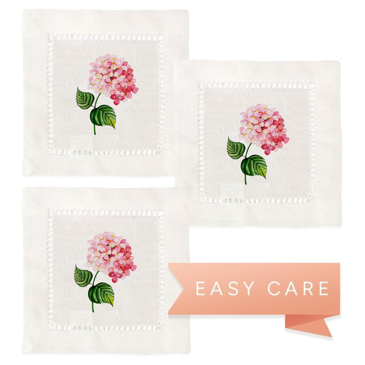 Pink Hydrangea Hemstitch Napkins