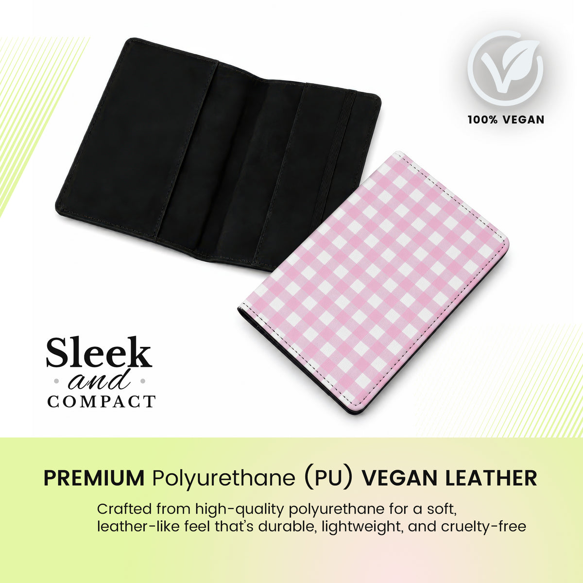 Jolitee Passport Holder, PU Vegan Leather, Pink Checkered, Black Back
