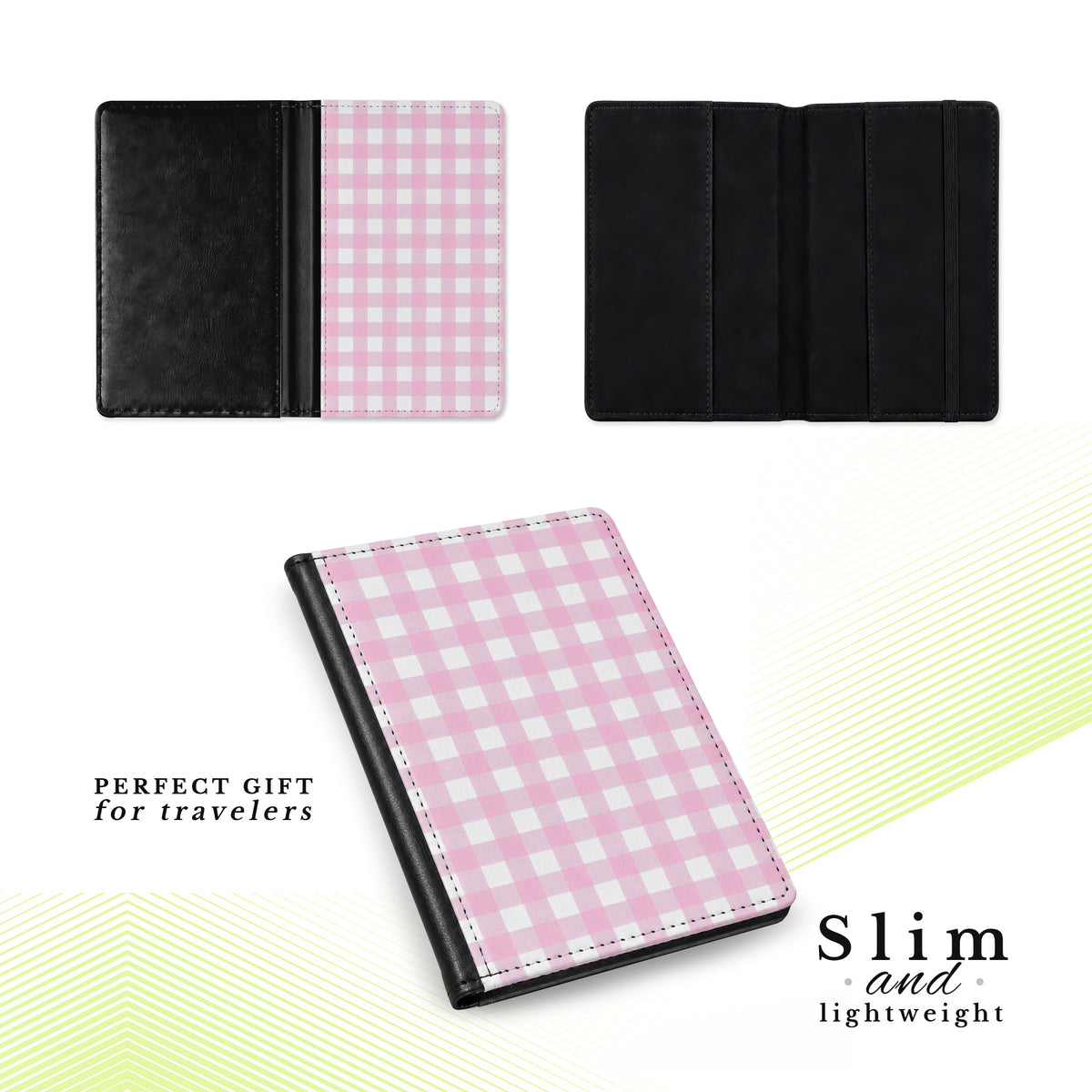 Jolitee Passport Holder, PU Vegan Leather, Pink Checkered, Black Back