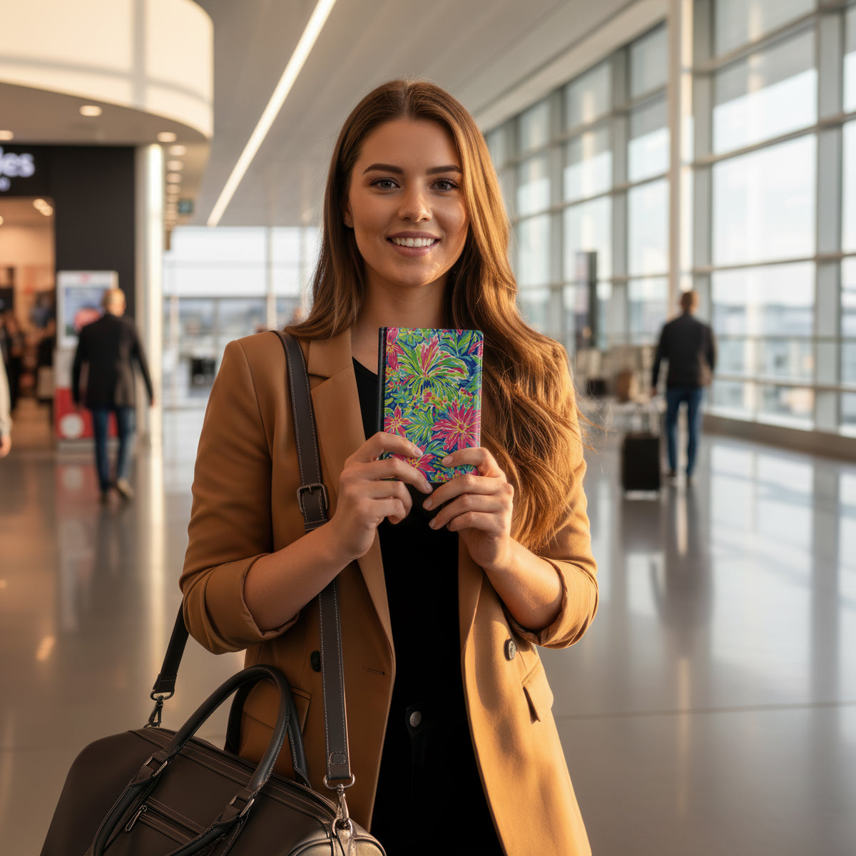 Jolitee Passport Holder, PU Vegan Leather, Pink Floral, Black Back