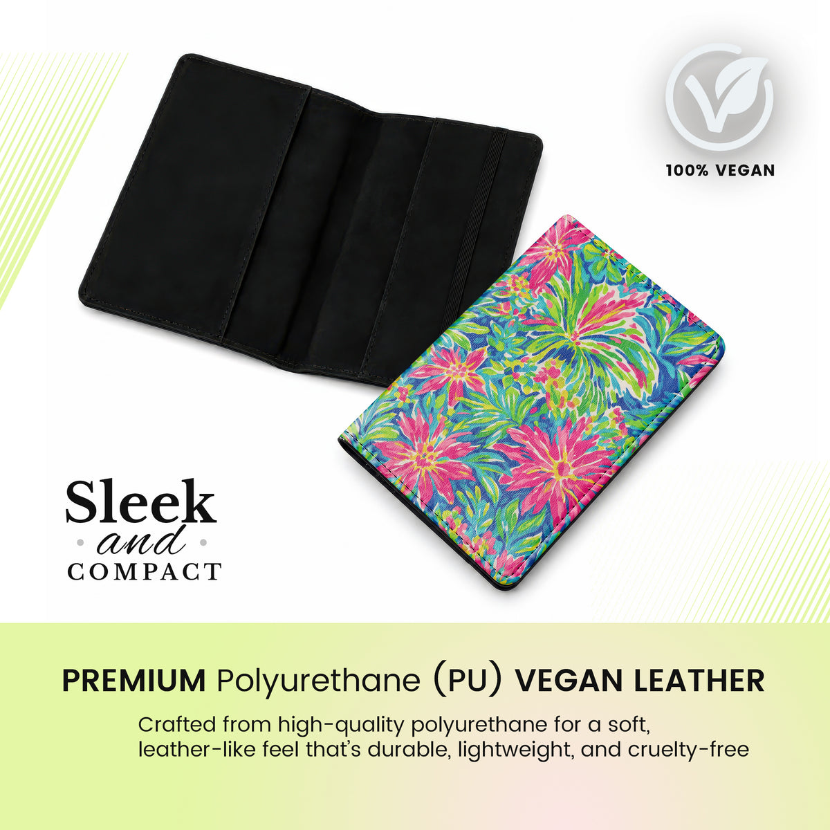 Jolitee Passport Holder, PU Vegan Leather, Pink Floral, Black Back