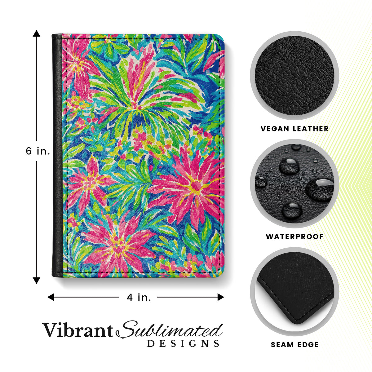 Jolitee Passport Holder, PU Vegan Leather, Pink Floral, Black Back