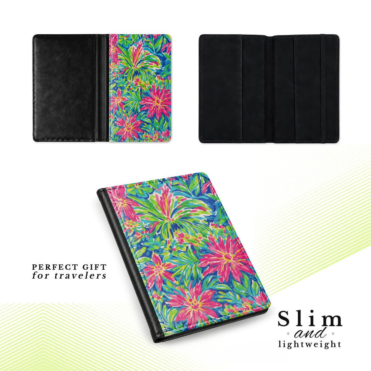 Jolitee Passport Holder, PU Vegan Leather, Pink Floral, Black Back