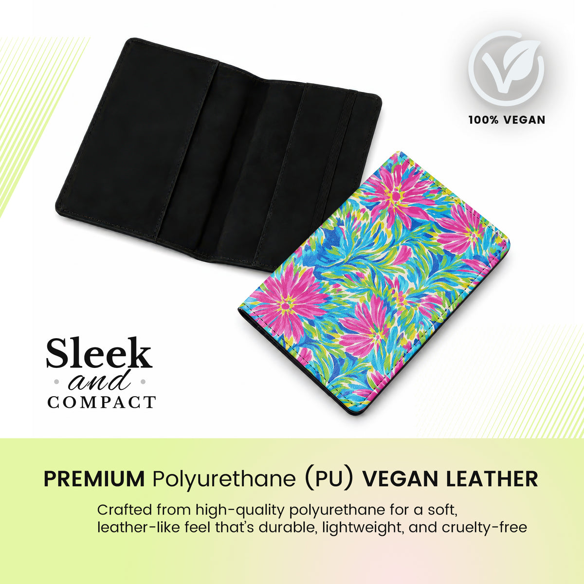Jolitee Passport Holder, PU Vegan Leather, Pink Flower, Black Back