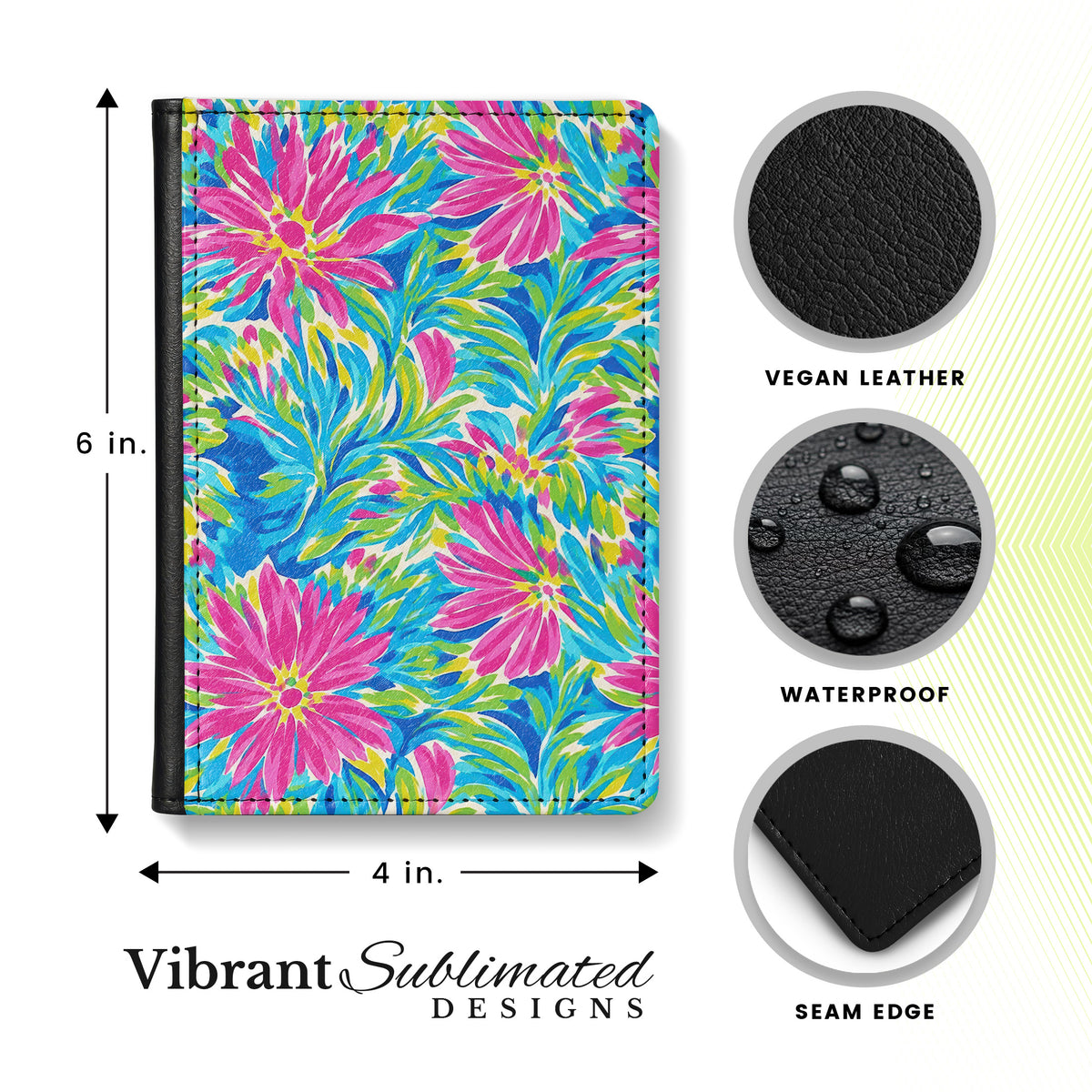 Jolitee Passport Holder, PU Vegan Leather, Pink Flower, Black Back