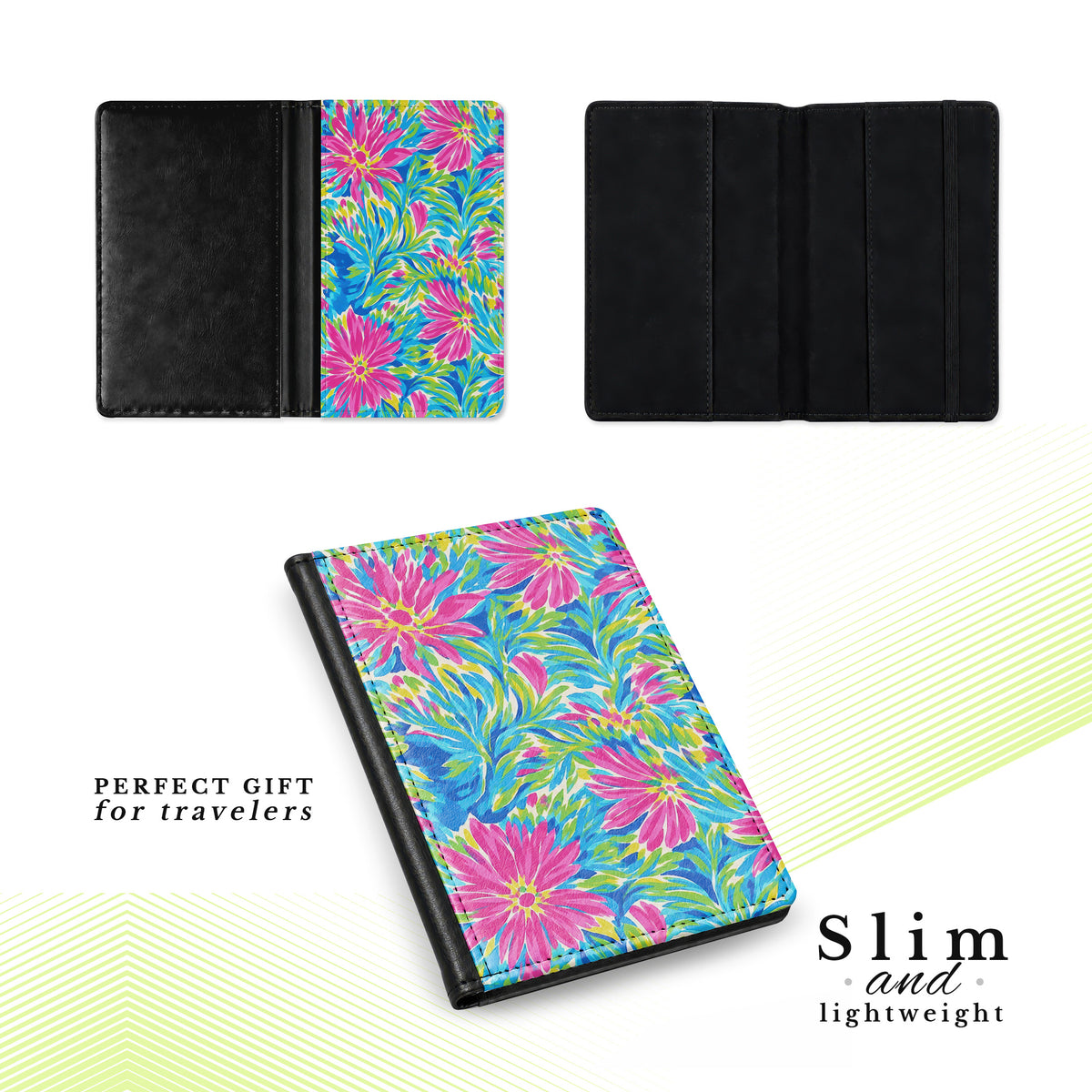 Jolitee Passport Holder, PU Vegan Leather, Pink Flower, Black Back