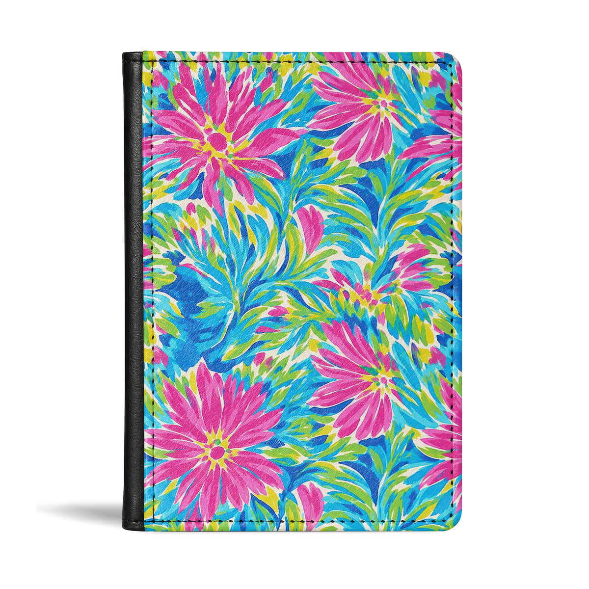 Jolitee Passport Holder, PU Vegan Leather, Pink Flower, Black Back