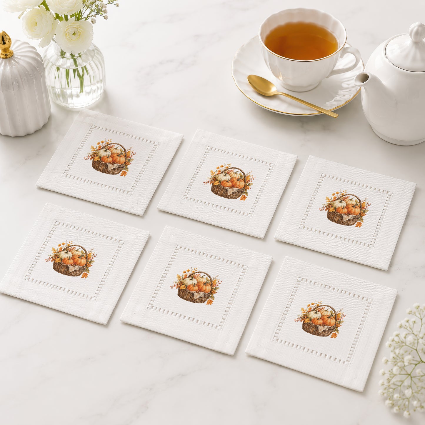 Harvest Table Pumpkins Hemstitch Napkins