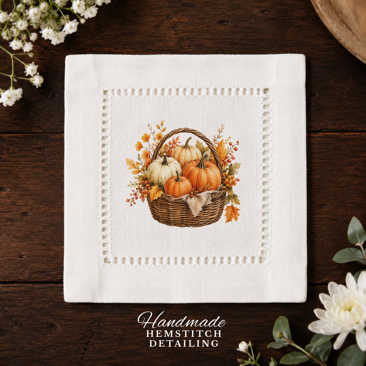 Harvest Table Pumpkins Hemstitch Napkins