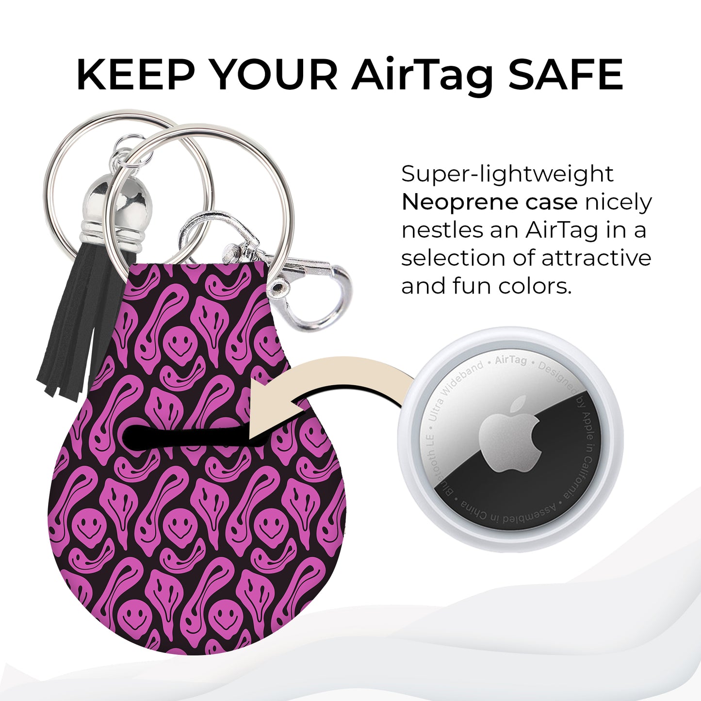 Jolitee Neoprene AirTag Compatible Case Keychain – Durable & Stylish Holder with Secure Ring and Clip, Compatible with Apple AirTag (Purple Melty)