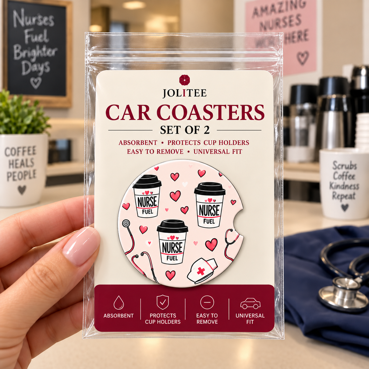 Jolitee Nurse Car Coasters, Absorbent Neoprene Cup Holder