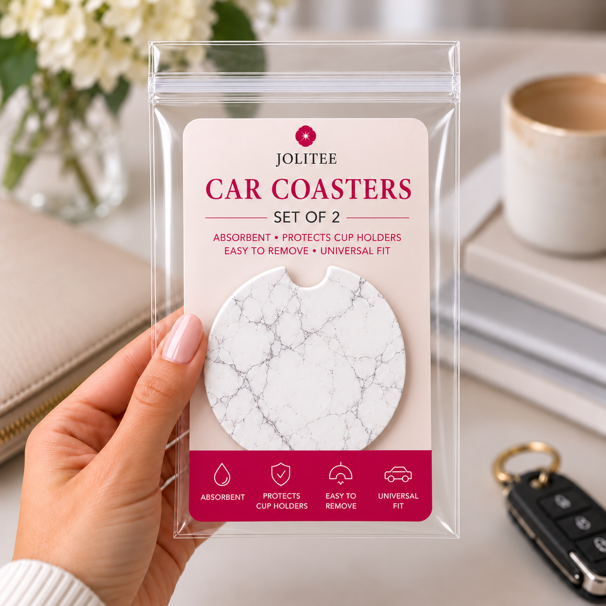 Jolitee Modern Patterned Car Coasters, Absorbent Neoprene Cup Holder Inserts, Set of 2