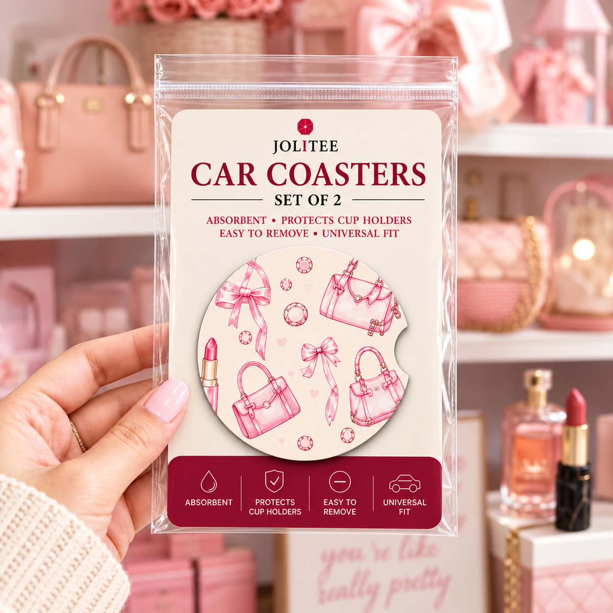 Jolitee Girly Girl Car Coasters, Absorbent Neoprene Cup Holder