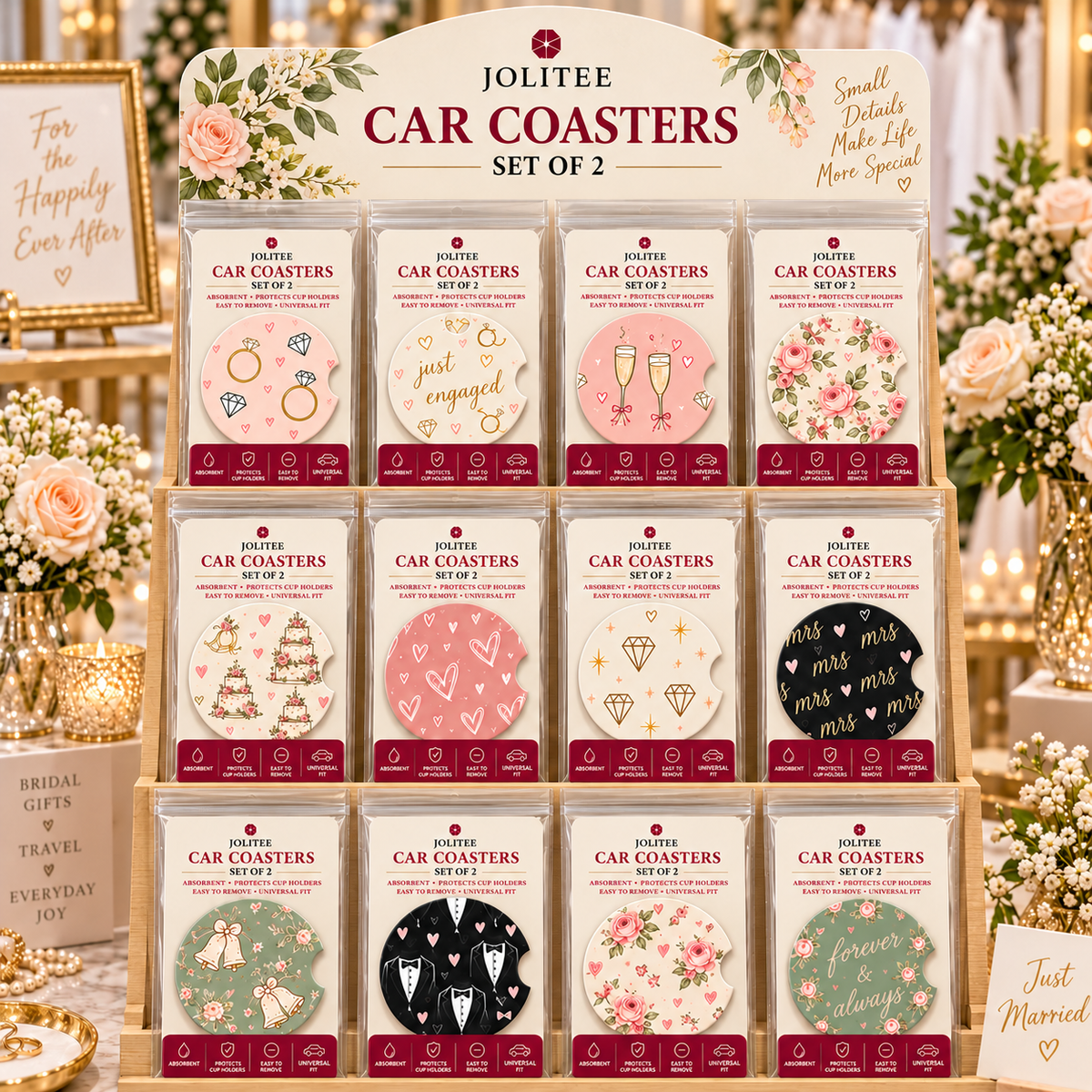 Jolitee Wedding Car Coasters, Absorbent Neoprene Cup Holder