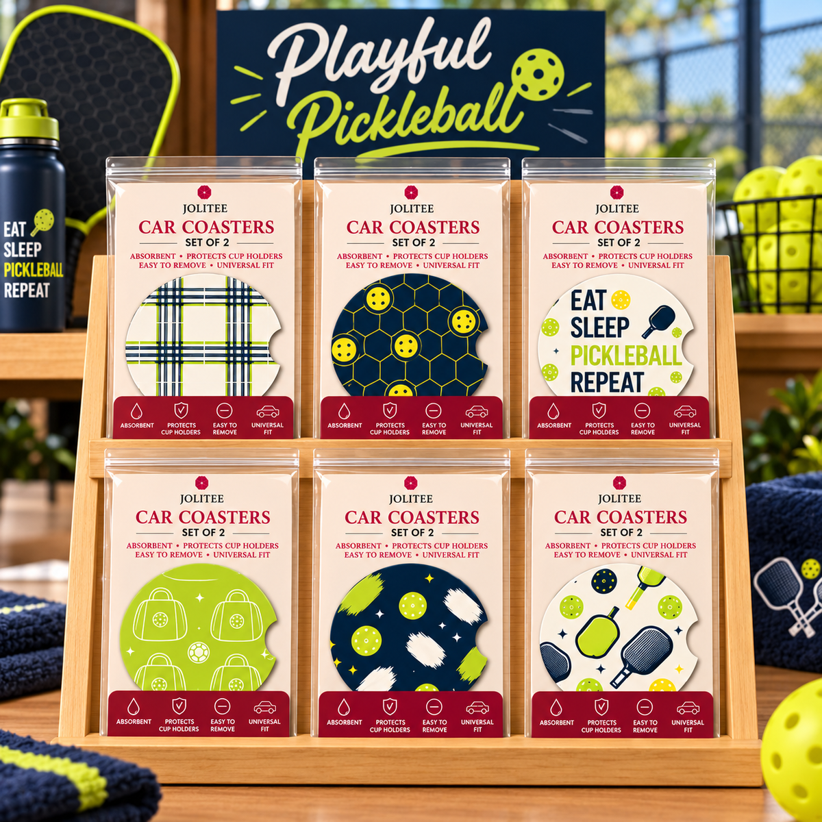 Jolitee Playful Pickleball Car Coasters, Absorbent Neoprene Cup Holder Inserts, Set of 2