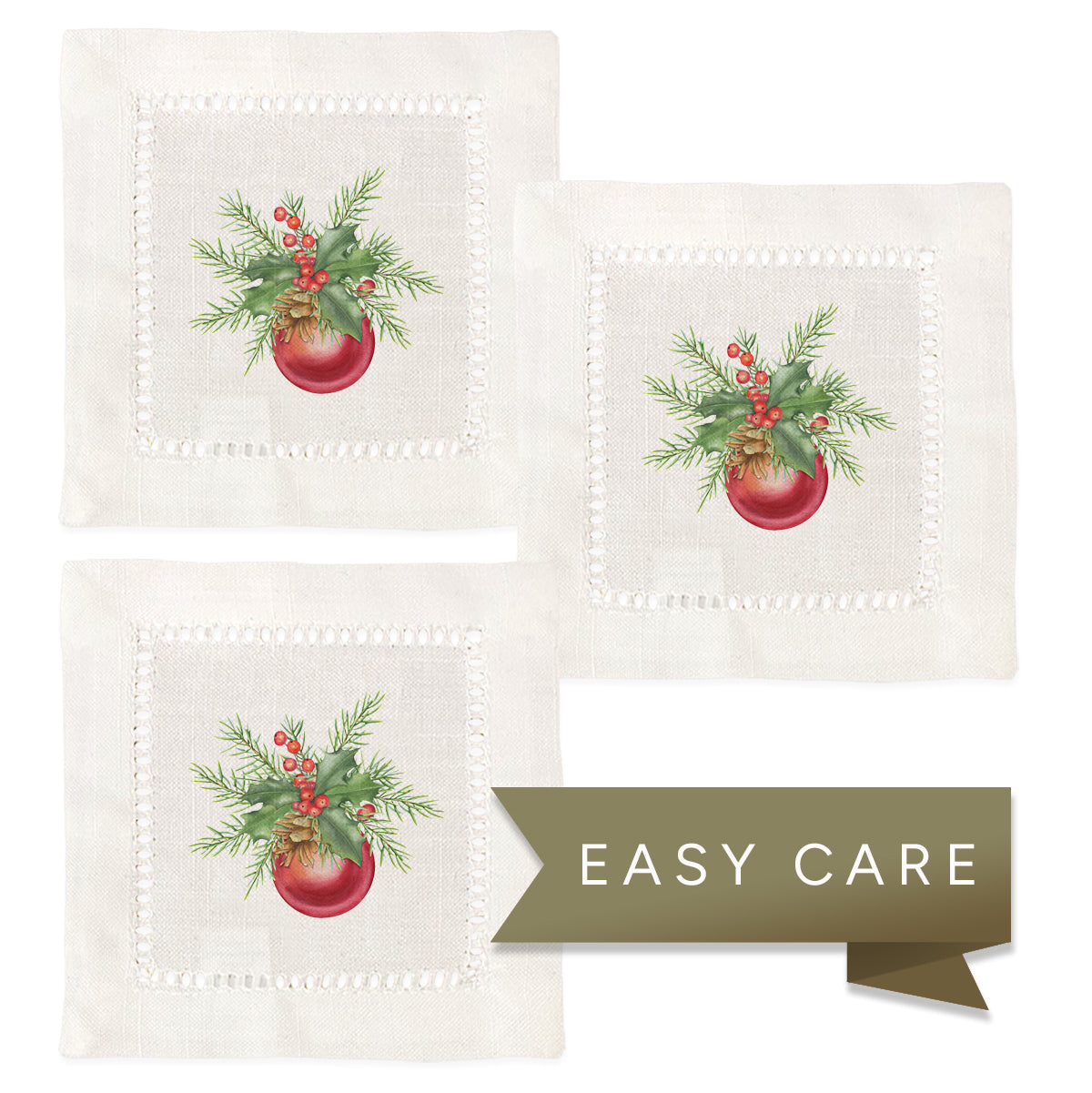 Red Ball Christmas Hemstitch Napkins