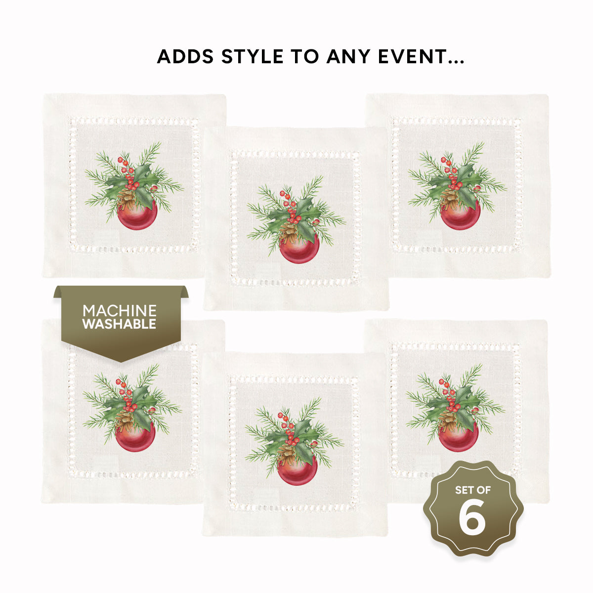 Red Ball Christmas Hemstitch Napkins