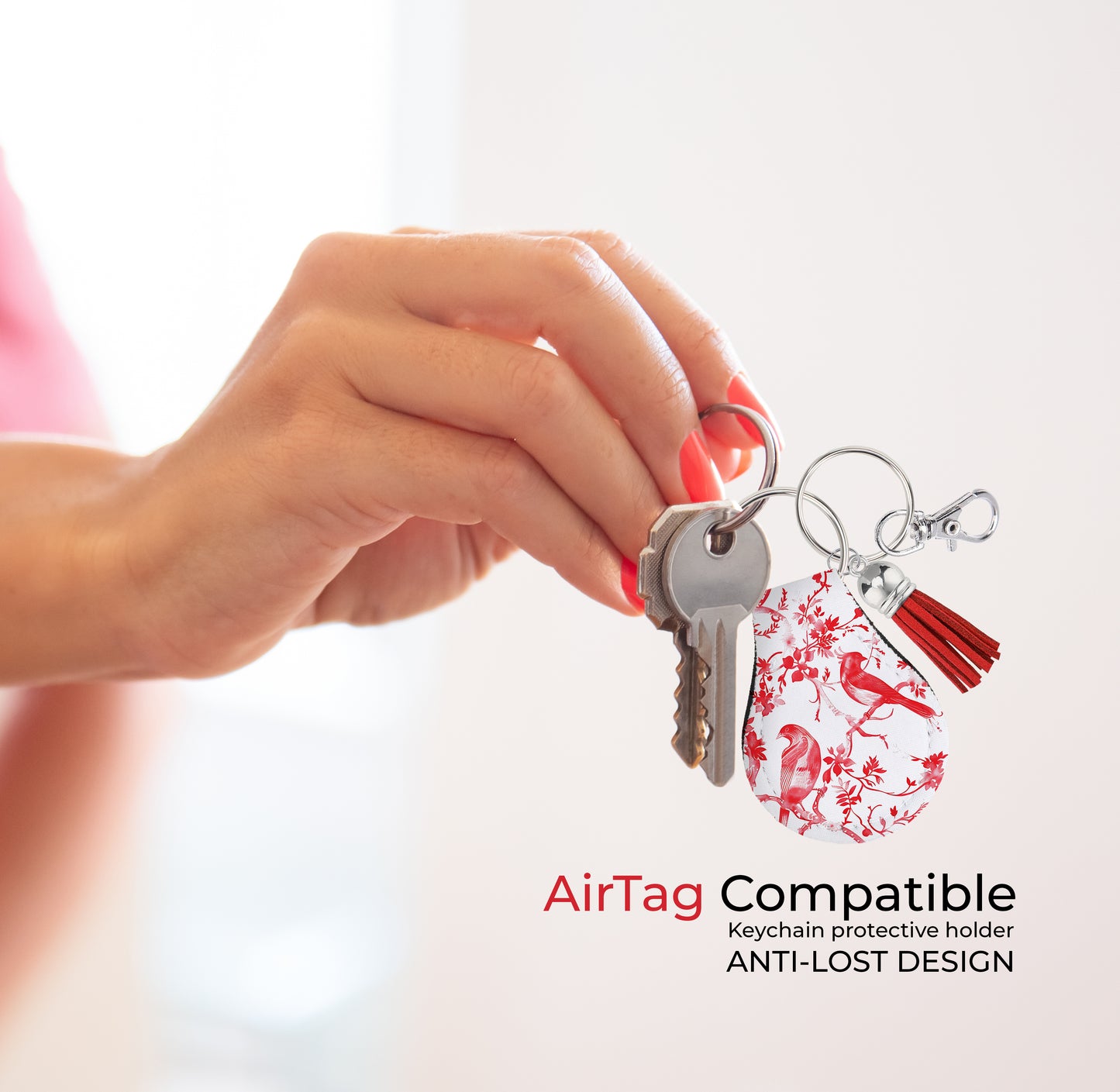 Jolitee Neoprene AirTag Compatible Case Keychain – Durable & Stylish Holder with Secure Ring and Clip, Compatible with Apple AirTag (Chinoiserie Red Birds)